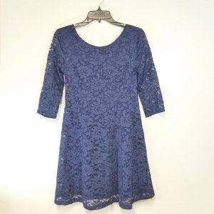 Womens LUSH Fit and Flare Dress All Over Floral Lace Navy Blue 3/4 Sleeve Sz S